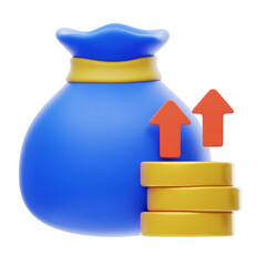 Blue Money Bag with Gold Coins and Upward Arrows on Transparent Background in 3D Rendering