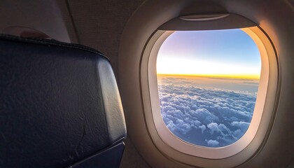 Airplane window view of sunrise over clouds