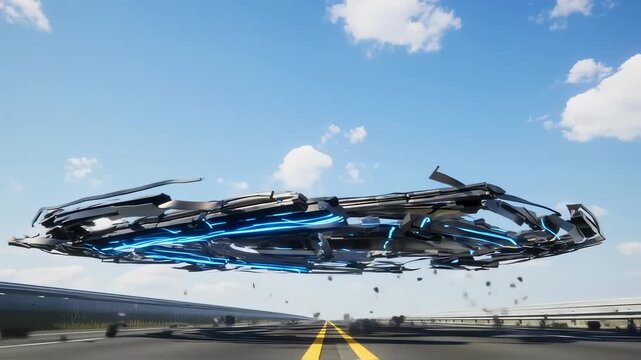 Damaged futuristic craft over highway