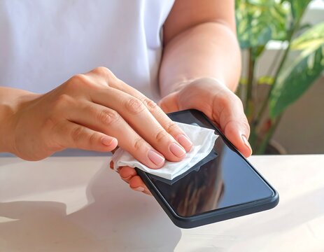 Sanitizing Smartphone Display with Cleansing Wipe