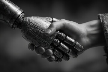 Naklejka premium Close-up Black and White of Human Hand Shaking Robotic Arm, Symbolizing Future Technology and Collaboration.