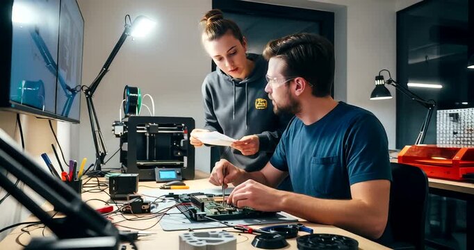 Teamwork in Electronics Design and Development: Engineers Collaborating on Circuit Board Project