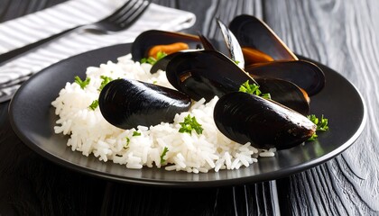 Cooked mussels over rice