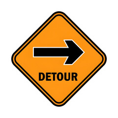 A diamond-shaped orange sign with a black border indicating a detour with a black arrow pointing to the right and the word "DETOUR" below it.