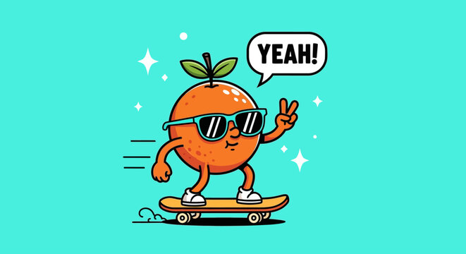 A cool cartoon orange character with sunglasses riding a skateboard and making a peace sign.