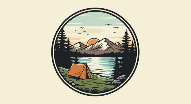 Serene outdoor camping scene with a tent by a mountain lake at sunrise.