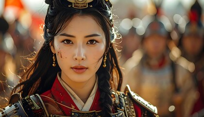 A close-up portrait of a woman in ornate armor, her face bearing a minor injury, with a battlefield backdrop
