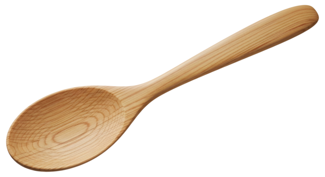Wooden spoon crafted from light wood grain perfect for cooking and serving food in a rustic kitchen setting with natural light and a clean aesthetic on transparent background