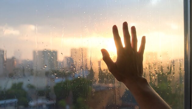 Blurry hand against rainy window, raindrops distorting the shape, cinematic shot. 
