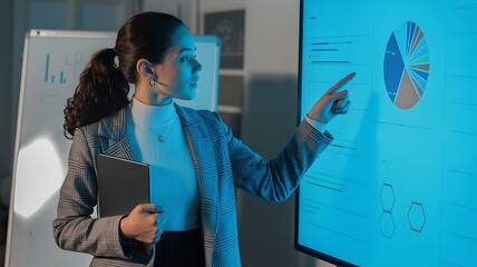 Businesswoman in a blazer presents financial pie chart data during presentation at a modern office setting