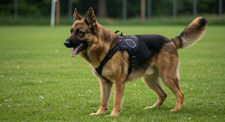German shepherd wearing a training vest in a focused mood on a green field
