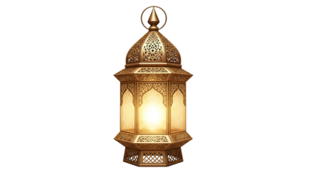 Ornate golden lantern glowing warmly against a for ramadan kareem and eid aladha celebrations and festive islamic holiday designs on transparent background