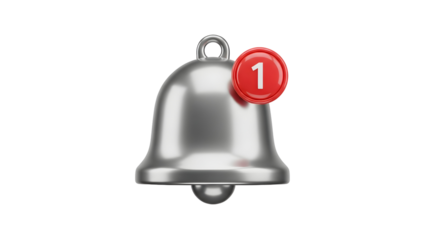 Modern silver notification bell with red badge displaying number one, symbolizing alerts and important updates