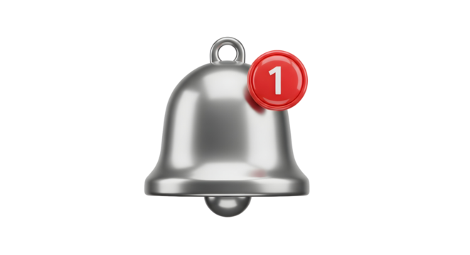 Modern silver notification bell with red badge displaying number one, symbolizing alerts and important updates