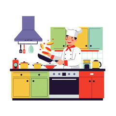 A chef in a white uniform and hat flips pancakes in a pan in a colorful kitchen with an oven and cabinets.