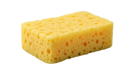 Vibrant yellow sponge with porous texture, essential for cleaning and scrubbing tasks, offering effective absorption and durability.