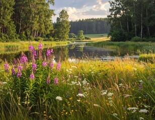 Serene Lakeside Meadow Blooms Under a Gentle Sky