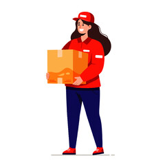 A smiling delivery woman in a red uniform and cap carries a cardboard box.
