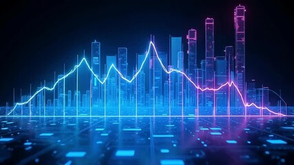 Futuristic digital cityscape with glowing neon data charts reflecting on a digital surface. - Powered by Adobe