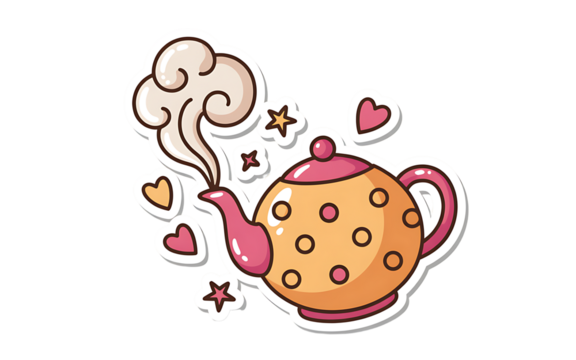 Cartoon teapot with hearts isolated on transparent background