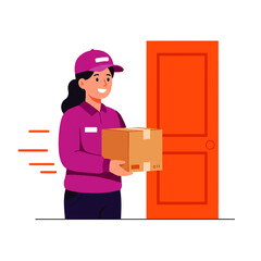 A cheerful delivery woman in a pink uniform holds a cardboard box in front of a bright orange door, indicating fast delivery.