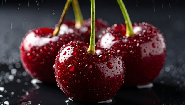 Close-up of fresh cherries with water droplets