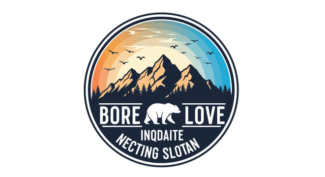Circular logo featuring a mountain range, a bear silhouette, flying birds, and a colorful gradient sky, with text 'BORE LOVE' and 'INQDAITE NECTING SLOTAN'.