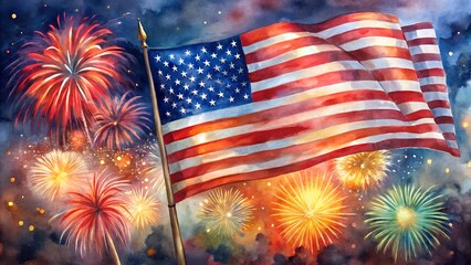American flag waving against a vibrant fireworks display