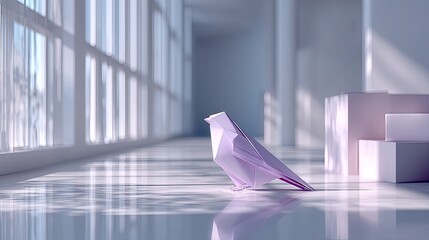 Paper Origami Bird on Glossy Floor in Bright Interior Space with Window Light and Geometric Shapes Minimalist Design