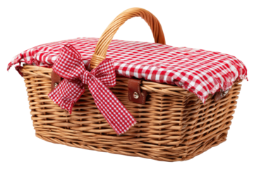 Wicker picnic basket with red checkered cover and bow
