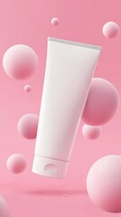A minimalist white tube of cream or lotion suspended against a soft pink background, surrounded by floating spherical shapes.