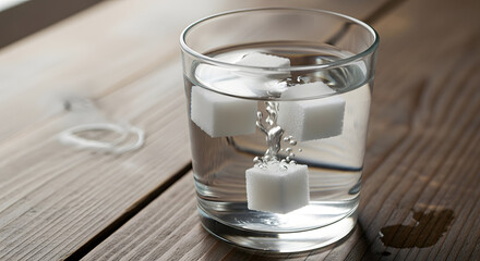 Detailed shot of glass of water with floating sugar cubes, symbolic concept
