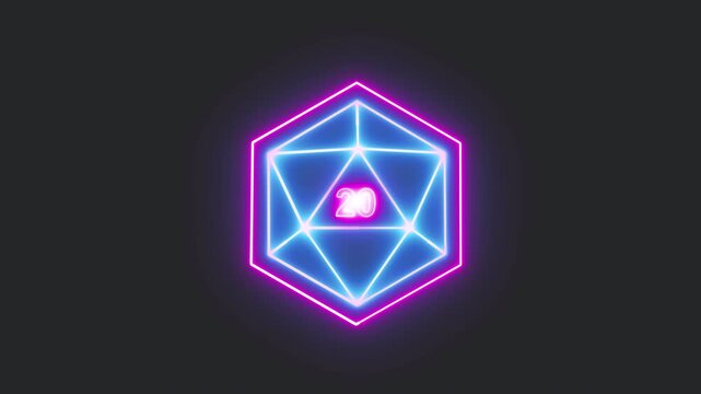 Animated Neon D20 Dice with Glitch Effect. Looping RPG Gaming Icon on Transparent Background.