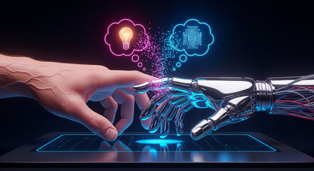 A human hand and a robotic hand reach out, their fingertips glowing as they almost touch against a network background..Concept: Artificial intelligence, connection, collaboration, future technology.