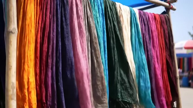 A vibrant collection of colorful scarves and fabrics hanging in a row on display at an outdoor market.