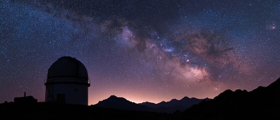 Obraz premium Astronomical observatory dome silhouette night sky milky way galaxy stars mountain landscape view.