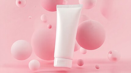 A minimalist white tube of cream or lotion is showcased against a soft pink background adorned with floating spheres, creating a clean and modern aesthetic.