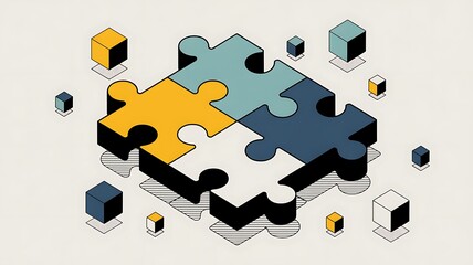 Connected puzzle pieces representing teamwork and collaboration concept in a modern isometric 3d illustration.
