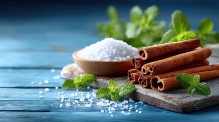 Cinnamon Sticks with Sugar and Mint on Distressed Blue Wood Surface in Soft Natural Lighting