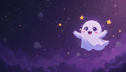 Cute Little Cartoon Ghost Character Flying Among Purple Clouds and Stars on Starry Night Halloween Background
