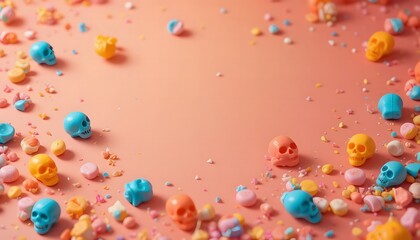 Colorful Candy Skulls and Small Sweets on Pink Background Day of the Dead Halloween Background