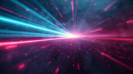 Obraz premium Abstract energy beams in cyan and magenta with glowing particle trails, creating a dynamic light speed motion effect on a futuristic sci-fi background.