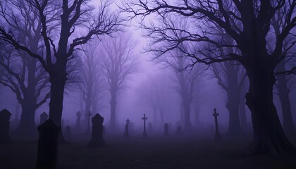 Spooky Eerie Halloween Graveyard Background with Trees and Tombs on Purple Foggy Night
