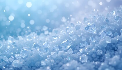 Close Up Background of Shining Glittering Cold Ice and Diamond Crystals on Blue Snow
