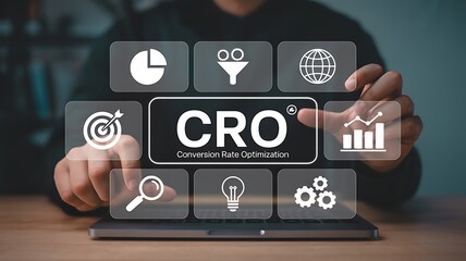 Conversion rate optimization cro concept visualized on a laptop screen with digital icons and a businessman.