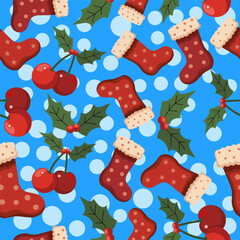 Naklejka premium seamless pattern Festive christmas stockings and berries colorful background digital pattern holiday spirit top-down