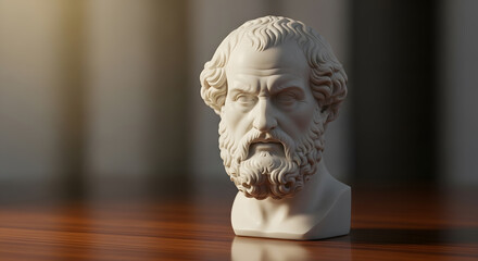 Classical philosopher marble sculpture on wooden surface, photorealistic textures and soft shadows