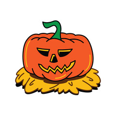 An illustrated orange pumpkin with a carved evil face and a green stem, sitting on a bed of yellow straw for Halloween decoration.