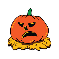 A cartoon illustration of an angry Jack o lantern. The orange pumpkin has a grumpy carved face with a green stem and sits on a pile of yellow autumn leaves.