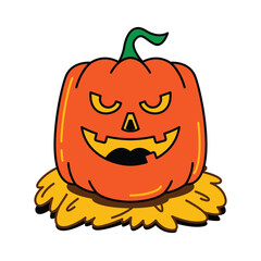 A cartoon illustration of a spooky Jack o lantern with a menacing carved face. This orange Halloween pumpkin with a green stem sits on a pile of yellow hay.